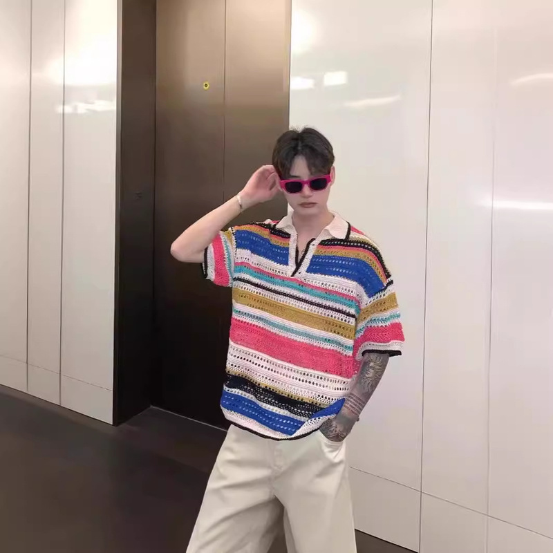 Summer Colorful Splicing Short-Sleeved Knitwear Men's American Lapel Casual Summer Loose Handsome Knitwear Knitwear Summer Colorful Splicing Short-Sleeved Knitwear Men's American Lapel Casual Summer Loose Handsome Knitwear Knitwear