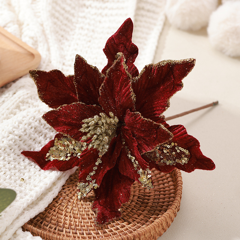 23 nuevos productos transfronterizos de alta calidad flores de Navidad tela de vello hecha a mano polvo adhesivo flor de Navidad decoración del árbol de Navidad colgante