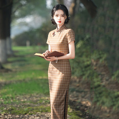 格子國風中式長款改良旗袍新款年輕款女民國老上海復古修身畢業照