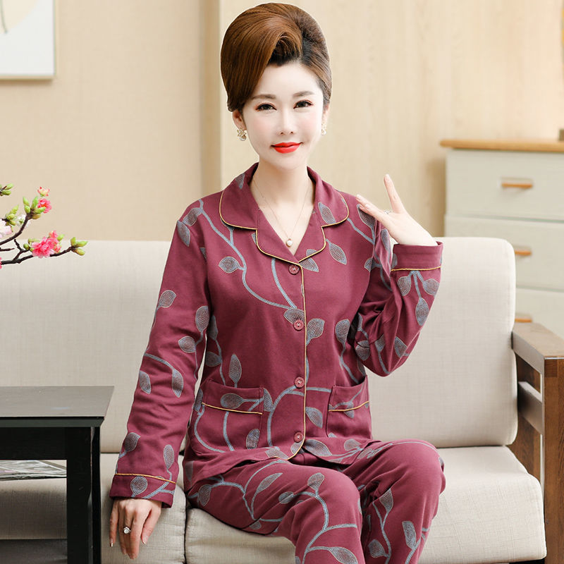 Pijamas para mujer Primavera y otoño 100% algodón de manga larga para mujer ropa de hogar para madres de mediana edad y ancianas Otoño e Invierno traje de talla grande