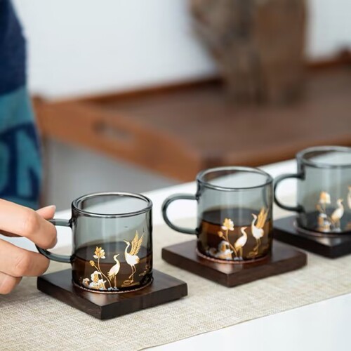 High borosilicate glass small tea cup for home reception and drinking, heat-resistant glass printed tea cup, kung fu tea set accessories