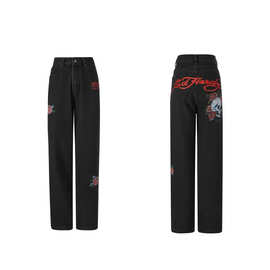 欧美潮牌街头骷髅玫瑰花印花跨境个性潮流美式男款高街宽松牛仔裤