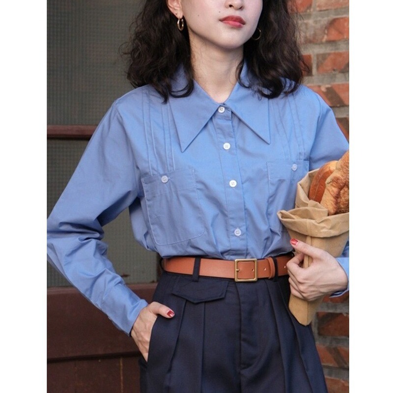 Danish Girl's small 150 tuck pleated pointed collar blue shirt commuter retro salt high-grade