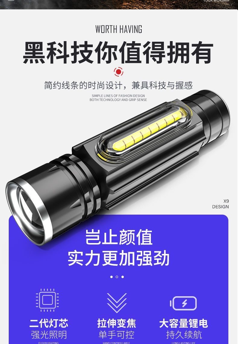 Mini Small Flashlight Strong Light Long-Range Searchlight Rechargeable Household Cob Telescopic Focus Magnetic Work Light