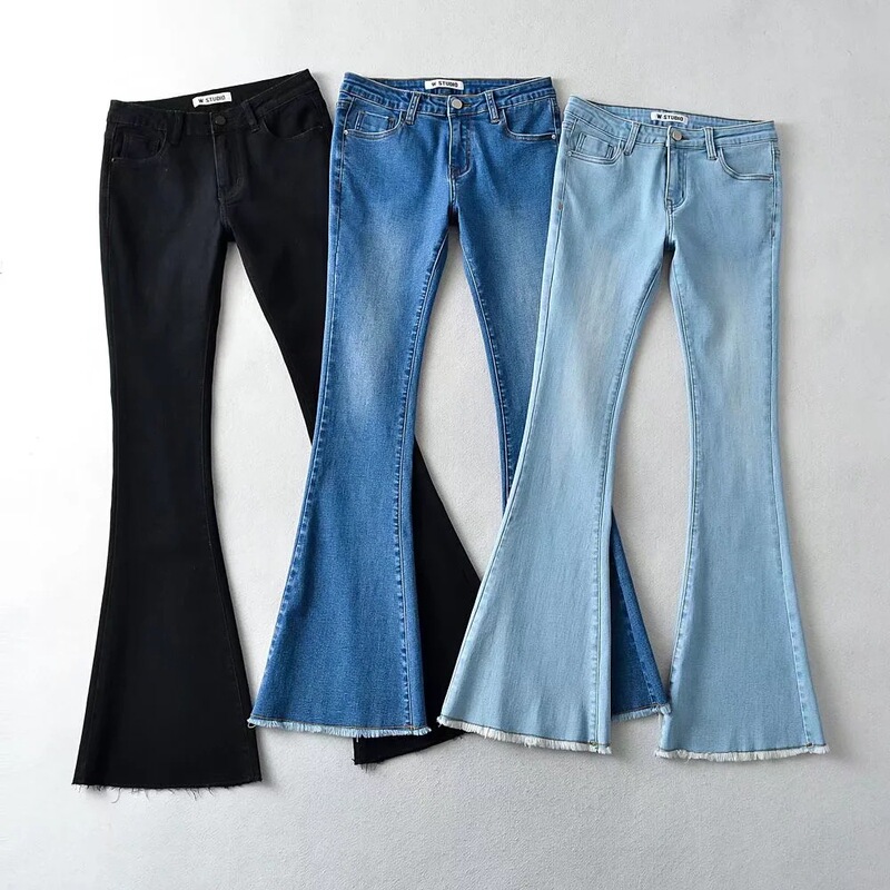 Frayed Denim flared pants 2023 new European and American high waist stretch tight slimming Denim trousers for women