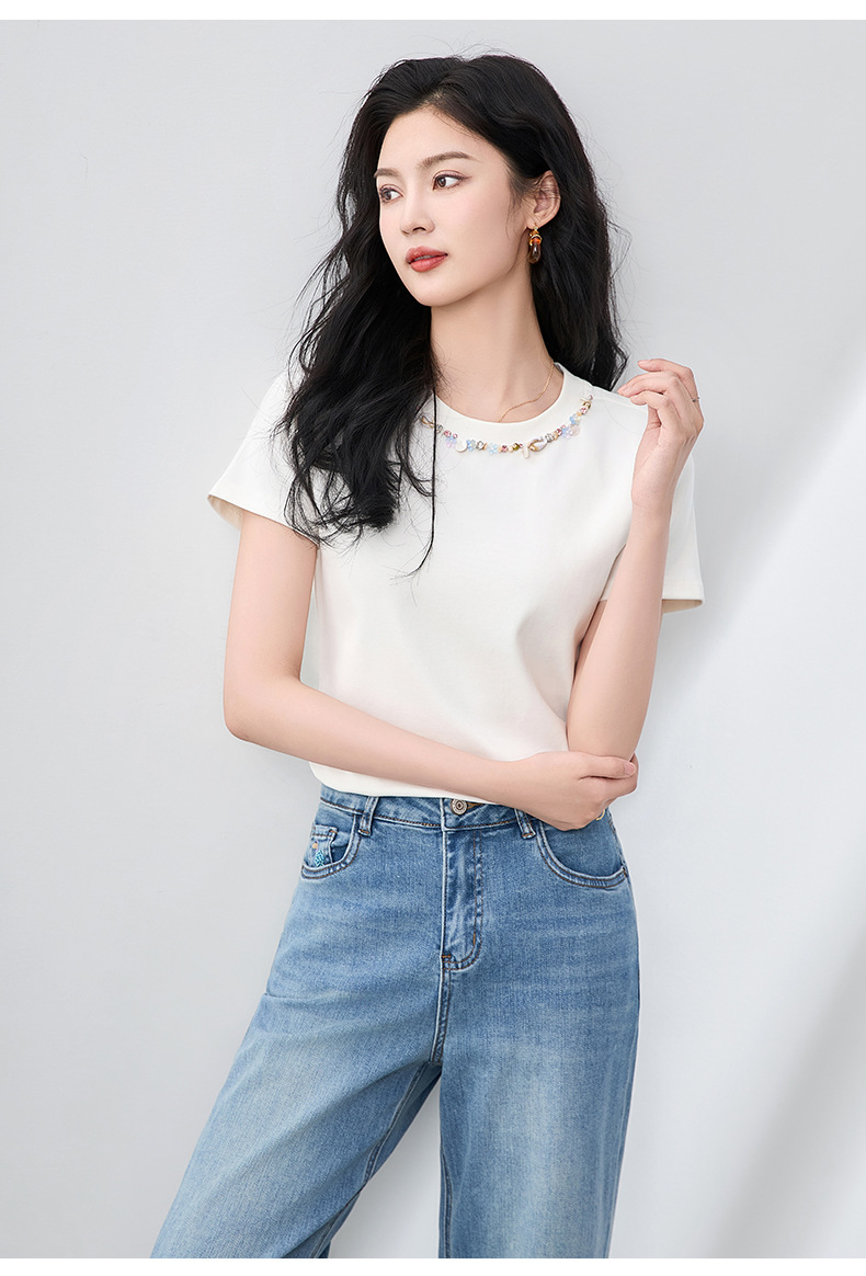 Áo thun cổ tròn đính cườm ốc xà cừ nữ tay ngắn ôm dáng — Màu trắng chi tiết 13