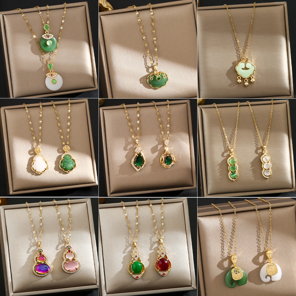 钛钢锁骨链复古国潮玉石平安锁葫芦吊坠百搭气质高级中国风配饰