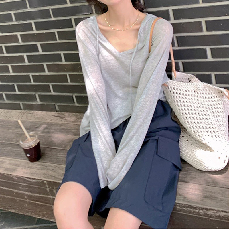 Casual Style Striped Ice Silk Hooded Knit T-Shirt for Women, Summer Loose Thin Sun-Protective Knit Top Versatile Blouse Casual Style Striped Ice Silk Hooded Knit T-Shirt for Women, Summer Loose Thin Sun-Protective Knit Top Versatile Blouse