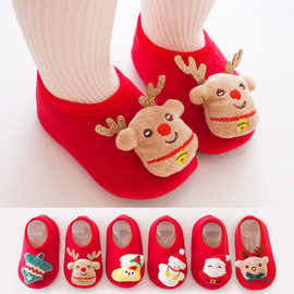 跨境圣诞麋鹿宝宝地板袜圣诞老人婴幼儿儿童袜子红色麋鹿学步袜套