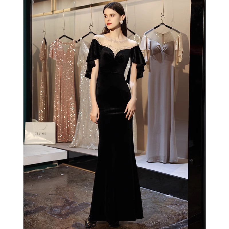 High-end fishtail evening dress long dress women's velvet elegant Noble Banquet host high-grade black slim-fit art test