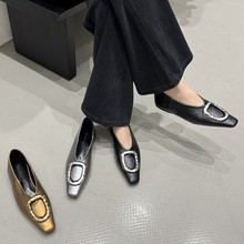 2025春季新款百搭法式复古浅口方头低跟中跟文艺风单鞋女黑色百搭