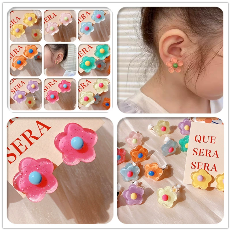 Прозрачный маленький цветок принцесса мультфильм Ушные Шпильки ушные капли для девочек детские безушные противоболевые поддельные серьги ювелирные изделия Детские зажимы для ушей