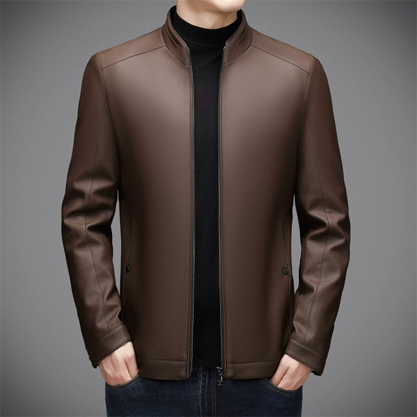 Brown leather jacket with stand collar 2419