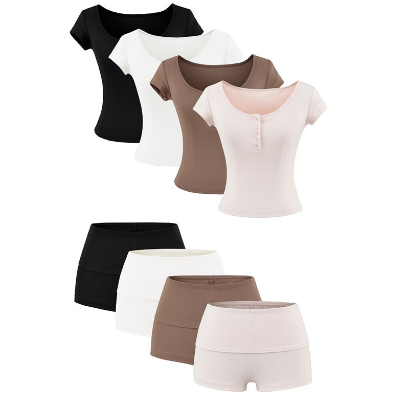 American-Style Spicy Girl Outfit: Low-Waist Elastic Tight-Fitting Hip-Hugging Casual Shorts for Women + Short Cropped Button-Up T-Shirt Top for Summer American-Style Spicy Girl Outfit: Low-Waist Elastic Tight-Fitting Hip-Hugging Casual Shorts for Women + Short Cropped Button-Up T-Shirt Top for Summer