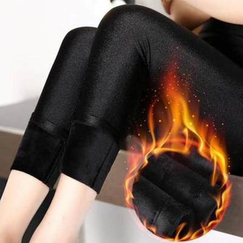 Autumn and Winter New Style Fleece-Lined High-Waisted Glossy Pants for Women, High-Elastic Leggings, Stretchy Black Footed Pants, Thick Fleece Pants