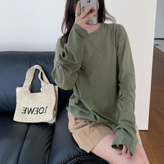 0802x3~复古街头风宽松时尚百搭轻薄做旧字母印花圆领长袖T恤女