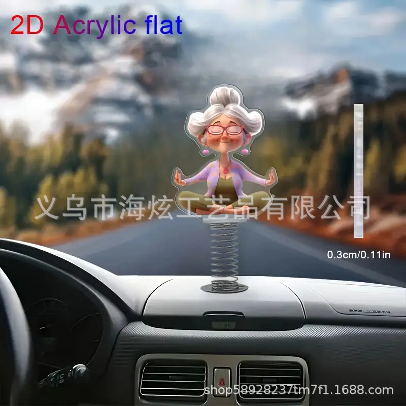 2D Acrylic Creative New Yoga Grandma Desktop Decoration Shaking Ornaments Car Flat Spring Shaker
