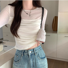 女性用メッシュ長袖Tシャツ、春夏デザイン、ニッチプリーツスリムボトムシャツ、ショート長袖トップス、トレンディ