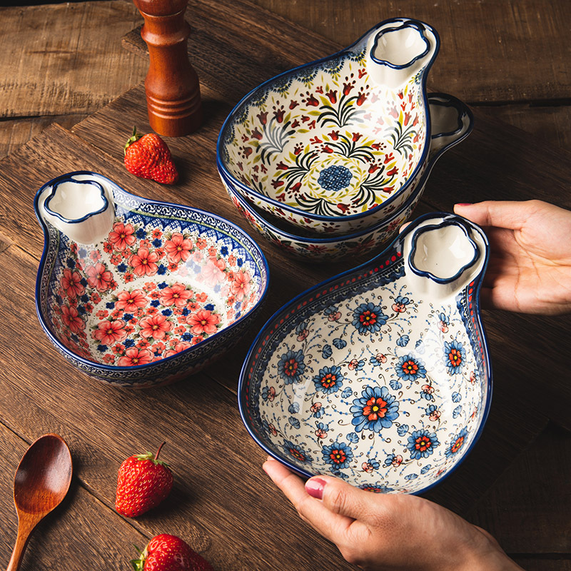 Creative Internet Red Polan Ethnic Style Hand-painted Embossed Ceramic Dumpling Potato Strip Plate Bowl Flower Underglaze Color High Color Value Vintage Creative Internet Red Polan Ethnic Style Hand-painted Embossed Ceramic Dumpling Potato Strip Plate Bowl Flower Underglaze Color High Color Value Vintage