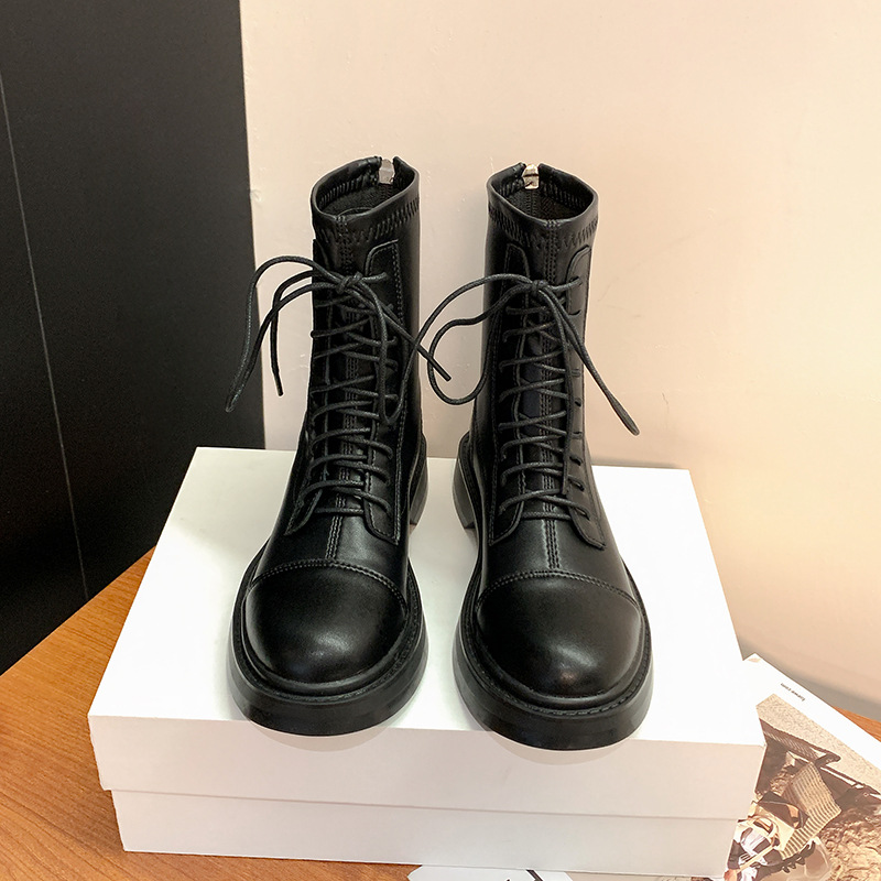 Short Boots for Women Autumn and Winter 2024 New Genuine Leather British Style Short Boots Thick-Soled Boots with Increased Height Lace-Up Slim Boots