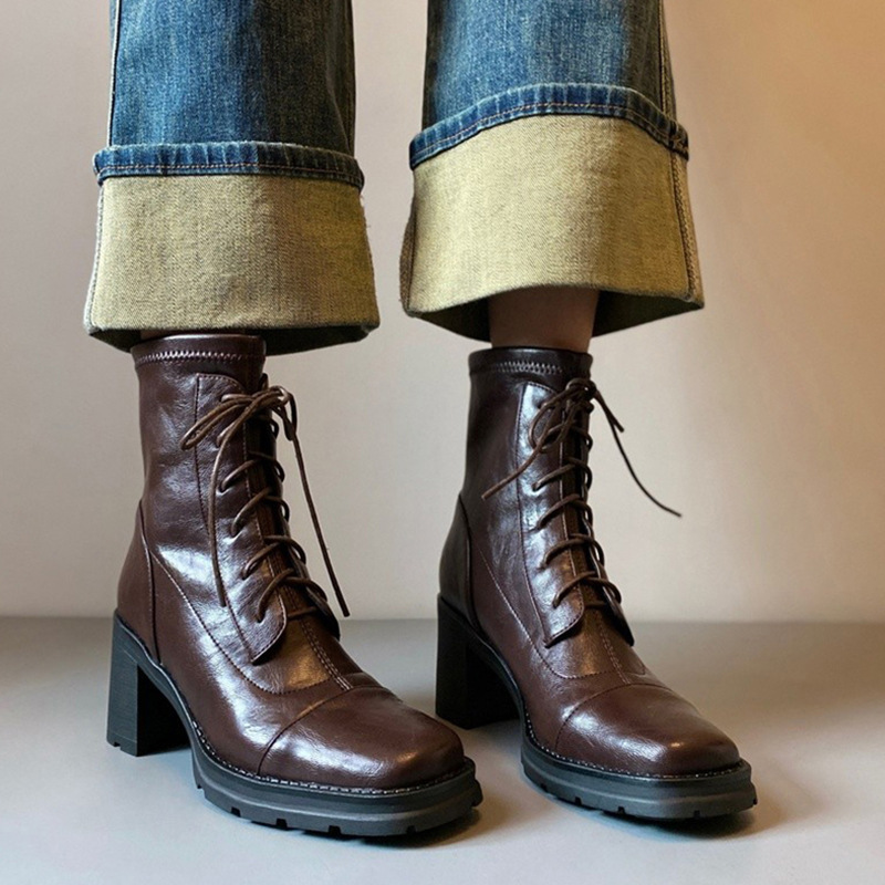 High-Heeled Thick-Soled Versatile Martin Boots for Women British Style Waterproof Platform Lace-Up Side Zipper Elastic Slim Short Boots for Women