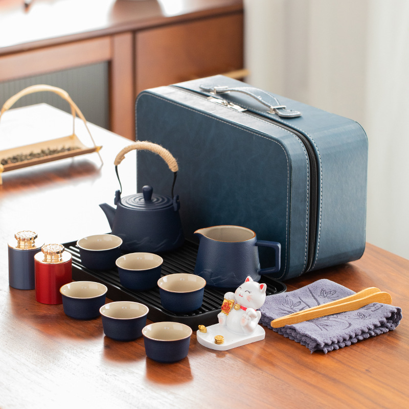 블루 여행 차 세트 세트 [1 냄비 6 컵 1 차 바다 2 캔 차 수건 클립이있는 행운의 고양이 브래킷]]