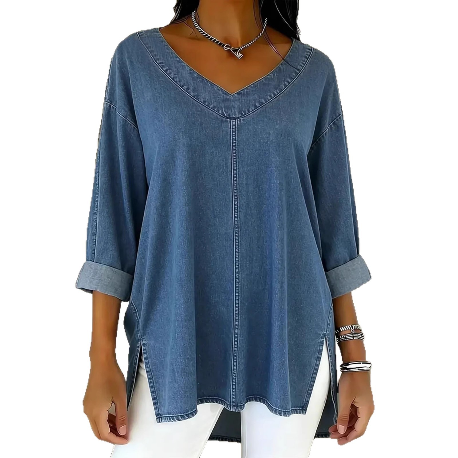 Women's Street Style Denim Long Sleeve Shirt, Classic Blue & Black Washed Cotton Jacket For Casual Layering_ecoleips.com