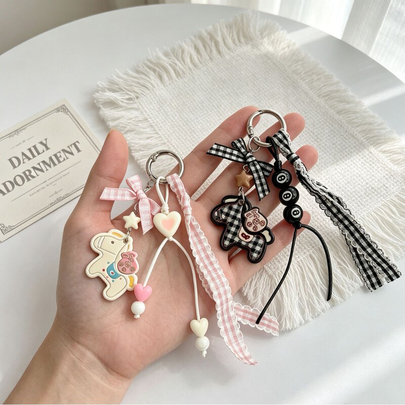 Japanese and Korean Ins Style Houndstooth Pattern Pony Keychain Pendant Handmade Woven Bow Bag Charm Cute Decoration Wholesale Japanese and Korean Ins Style Houndstooth Pattern Pony Keychain Pendant Handmade Woven Bow Bag Charm Cute Decoration Wholesale