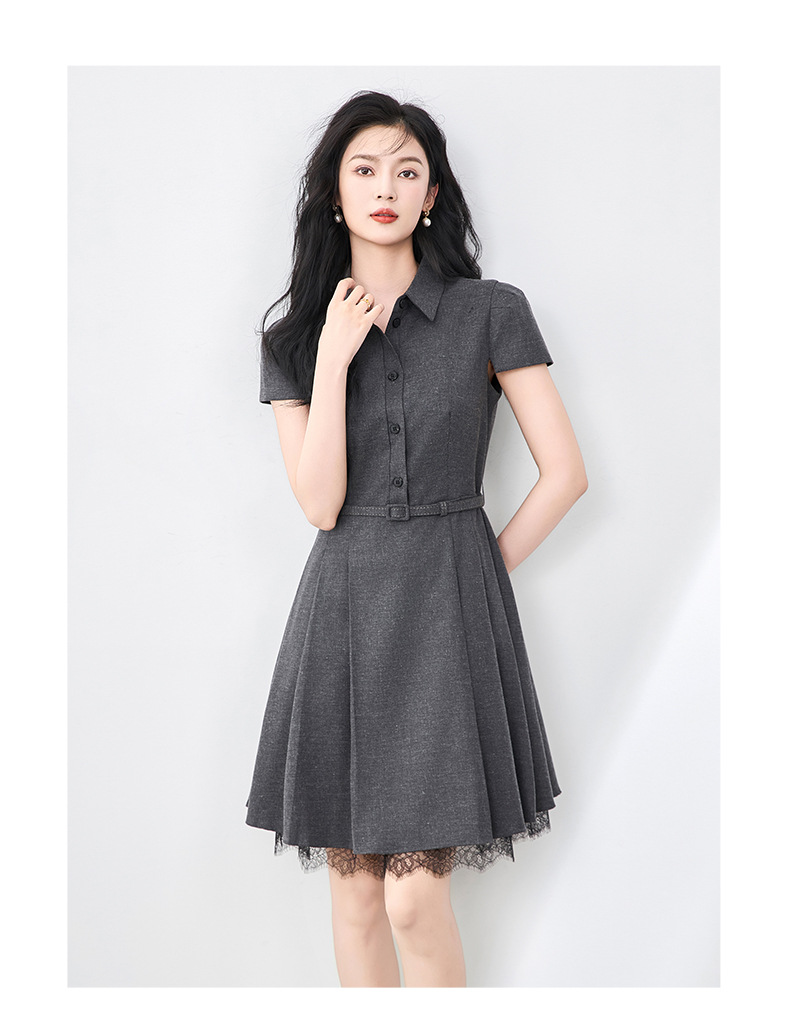 Đầm nữ tay ngắn cổ ve phối ren xếp ly eo retro — Màu xám đậm chi tiết 10