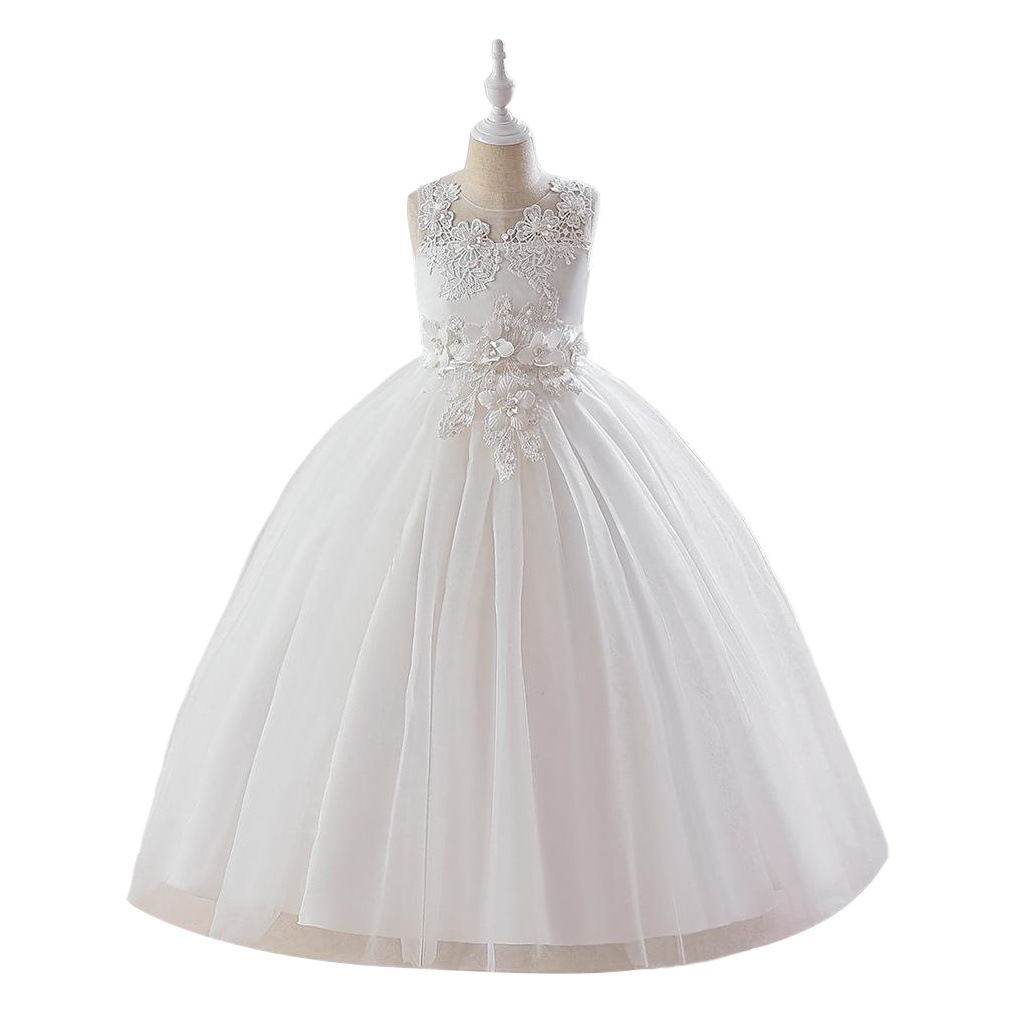 Vestido largo de princesa para niñas, estilo moderno, con malla, bordados y apliques, sin mangas, para actuaciones.