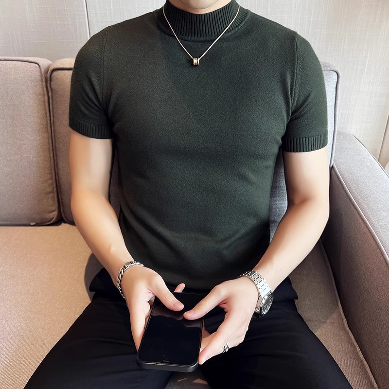轻熟风半高领打底衫男款韩版内搭修身针织t恤型男简约半袖衫毛衣