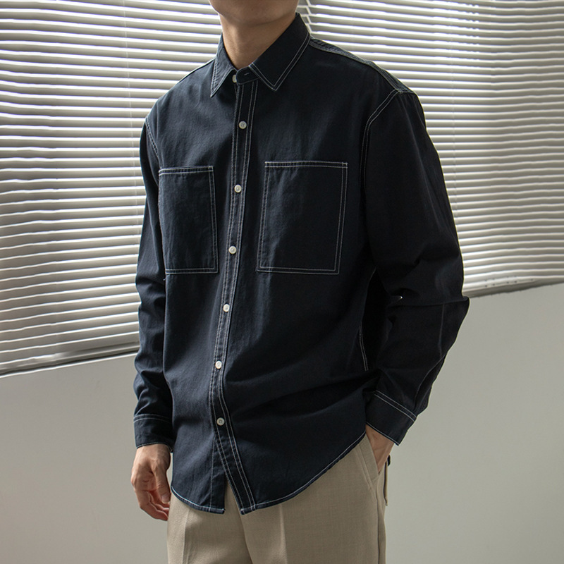 Neng Meng double pocket contrast color collection bright line workwear shirt men's loose Japanese shirt men's autumn long sleeve casual shirt