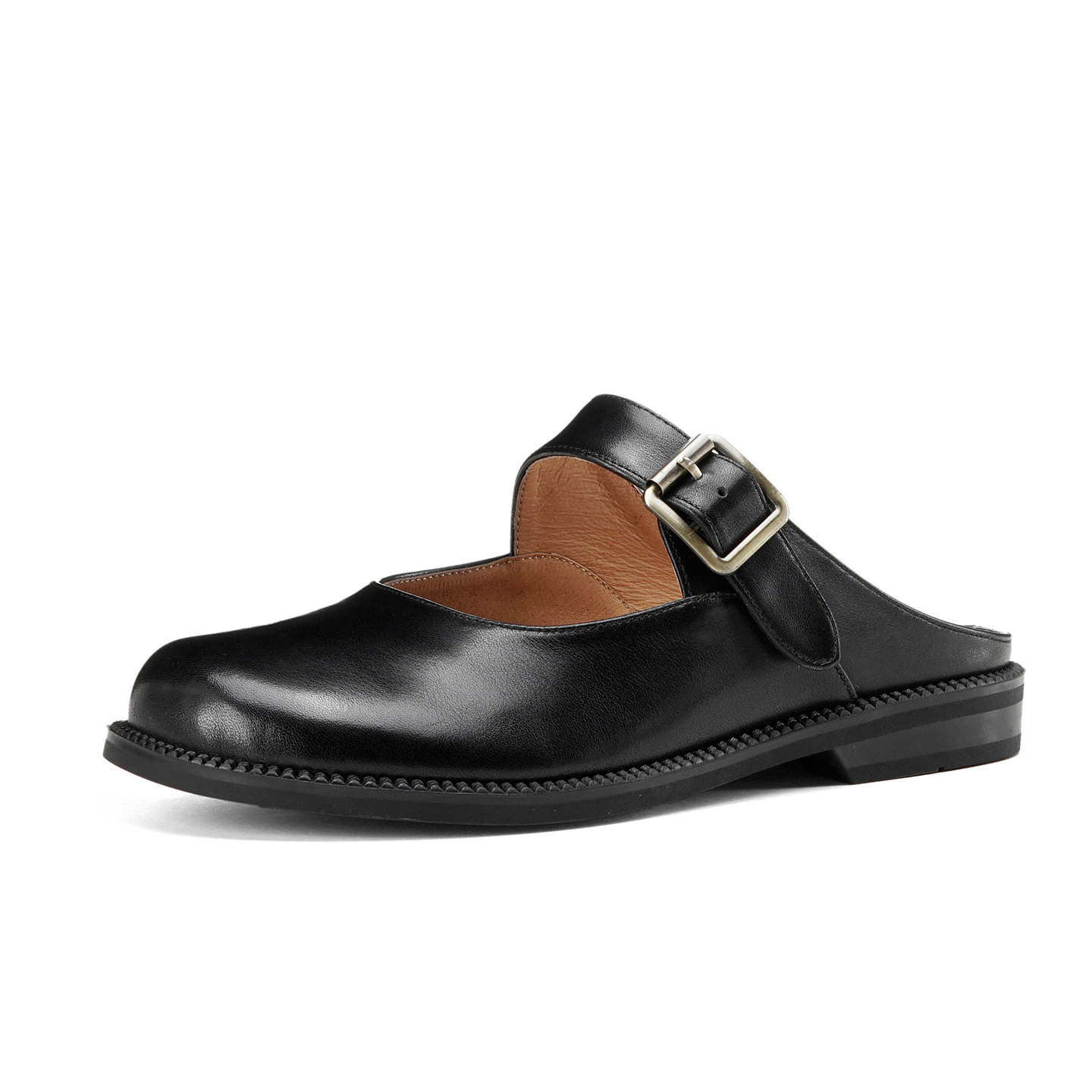 Dép sandal nữ da bò mũi trùm đế bằng, quai chéo chạm trổ cổ điển — đen