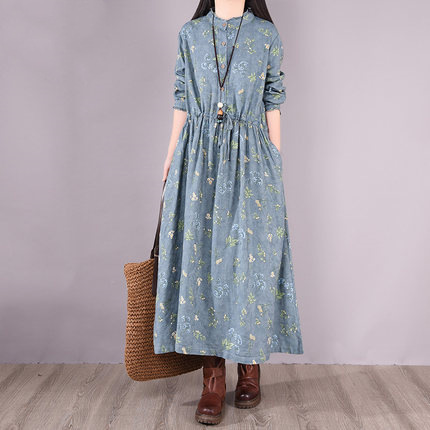 2022 Spring New Vintage Small Floral Tight Waist Slimming Lace-up Loose Cotton Linen Long-sleeved Dress for Women