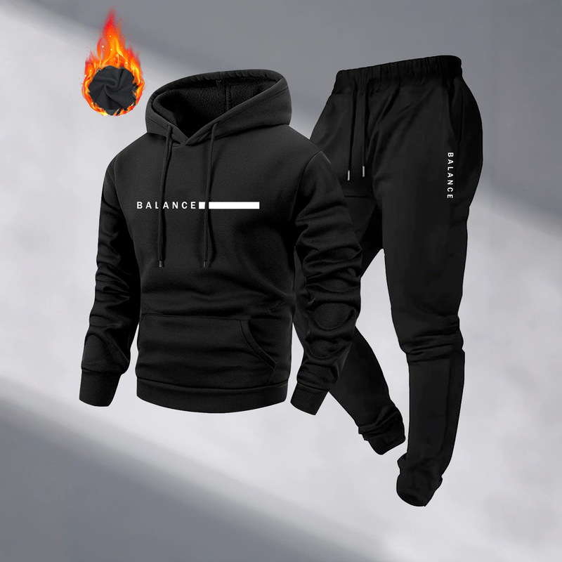 New Autumn and Winter Men's Fleece Hooded Sweatshirt Set Balance Letter Print Casual Sports Two-Piece Set New Autumn and Winter Men's Fleece Hooded Sweatshirt Set Balance Letter Print Casual Sports Two-Piece Set