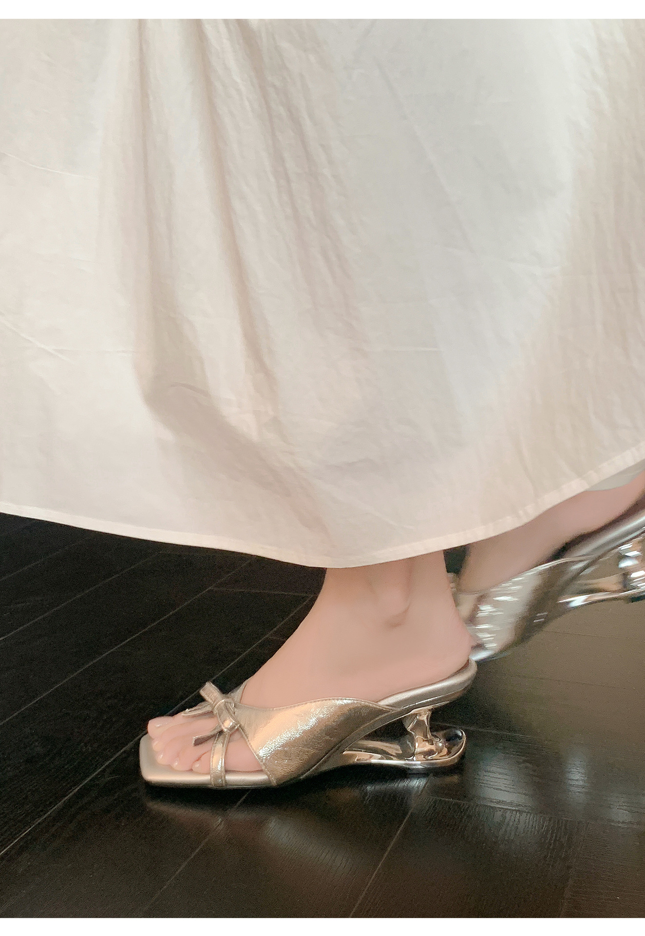 Sandal cao gót nữ mũi vuông da cừu nơ bướm đế mềm — Trần truồng hồng, Trắng chấm bi, bạc chi tiết 11