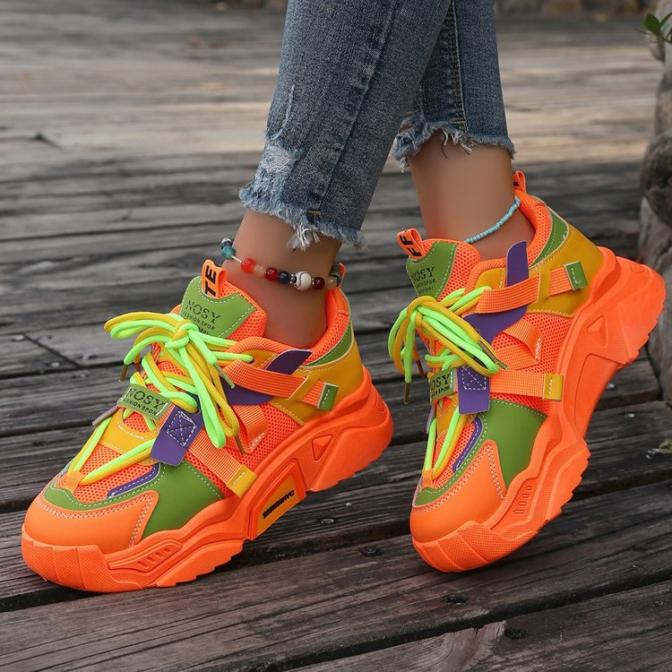 2026 Spring and Autum New Color Matching Lace-Up Thick-Soled Export Dad Shoes Women's Cross-Border Casual Sports Shoes Colorful