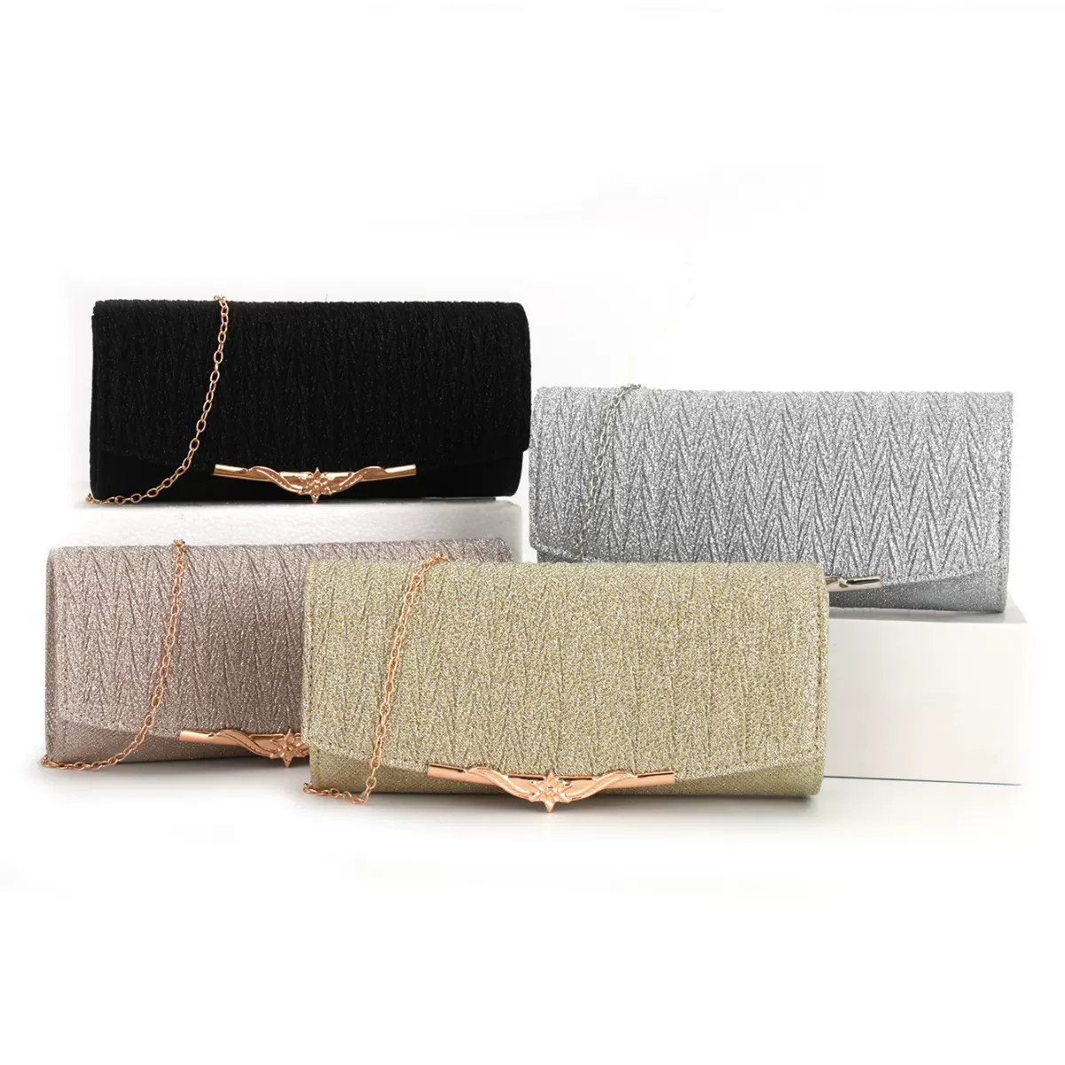 工厂直销跨境女包包晚宴包Clutch bag压褶褶皱金属盖头婚礼晚装包