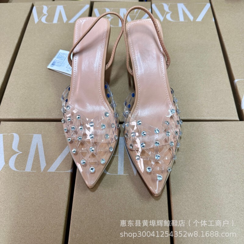 Za Pointed Toe Transparent Pvc Rhinestone Cut Out Stiletto Heel Toe Strap Crystal Sandals European and American Women's Shoes Clogs