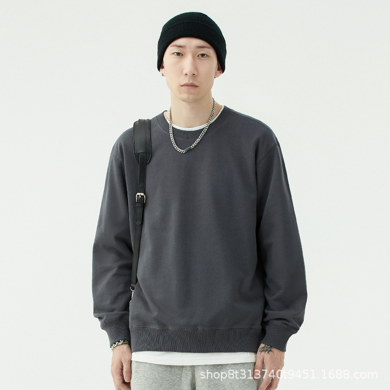 Chaqueta de manga larga con cuello redondo de rizo para otoño e invierno, de algodón puro, sin formación de bolitas, con hombros caídos, camisa publicitaria, ropa de trabajo, sudadera con impresión de logotipo personalizado.