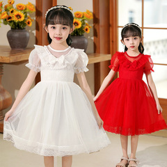 Summer Girls Dress 2024 Trendy Children Lace Princess Dress Red June 1st Formal Dance Skirt