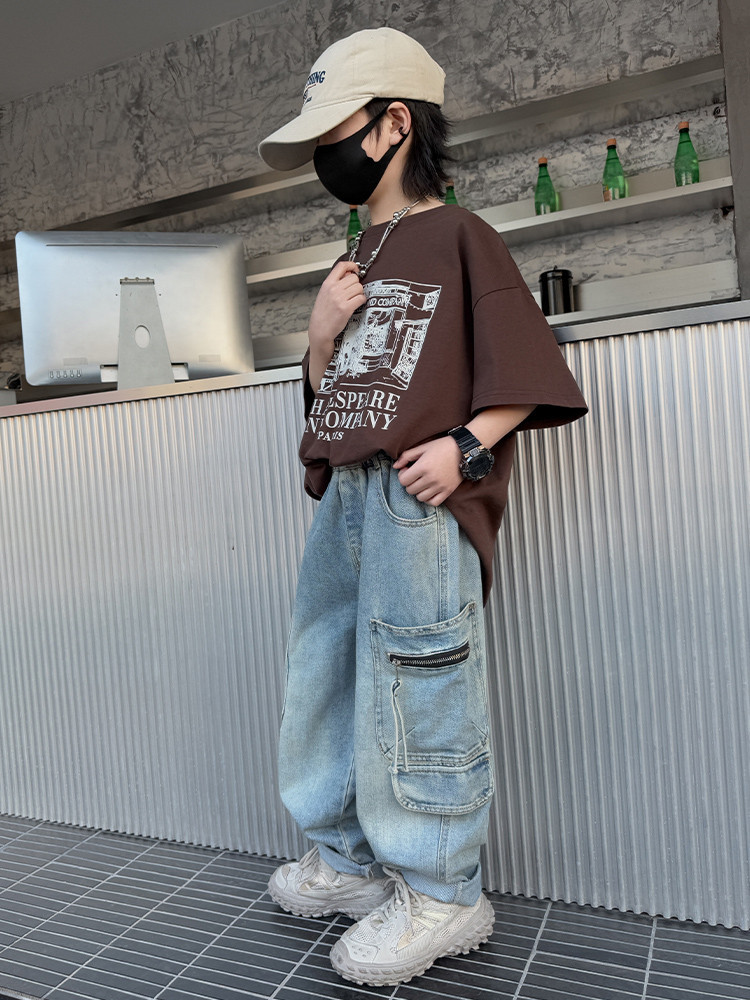 A502 Boys Denim Pocket Zipper Workwear Wide Leg Pants New Children's Miscellaneous European And American Jeans_voghion.com