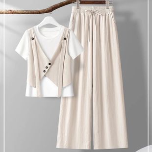 Casual Sportswear Fake Two-Piece Short-Sleeved T-Shirt Wide-Leg Pants for Women 2025 Summer New Internet Celebrity Street Two-Piece Suit