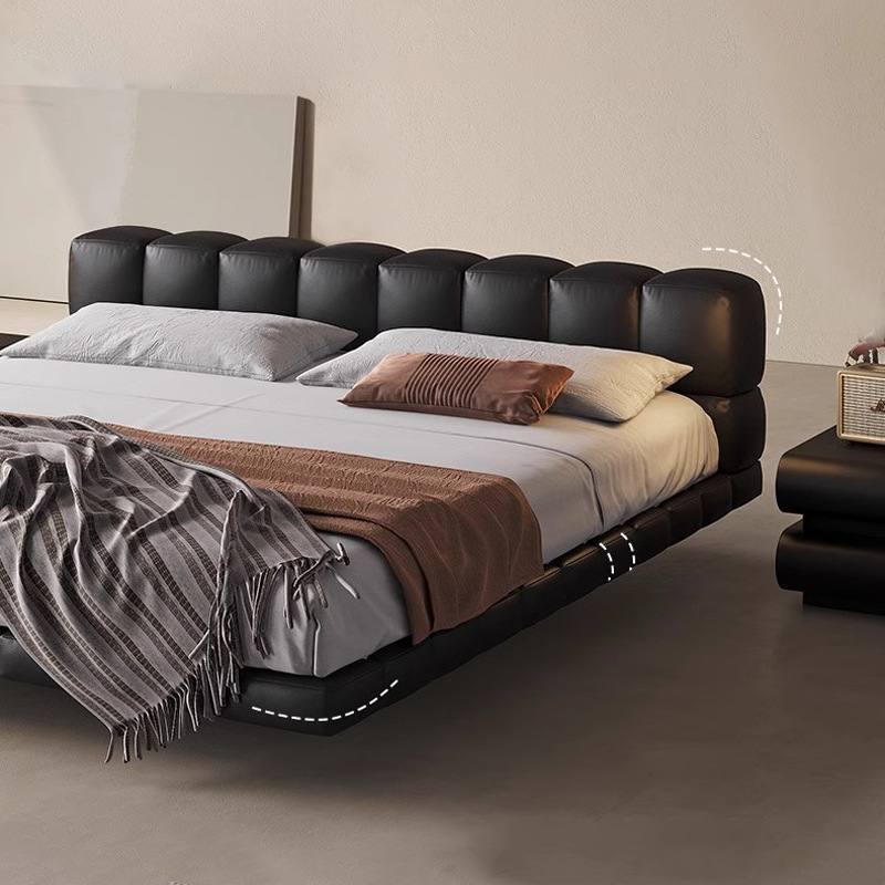 Cama de puff, cama de suspensión de cuero, cama de cuero minimalista italiana, cama de chocolate moderna, cama de boda, cama de paquete suave, negro
