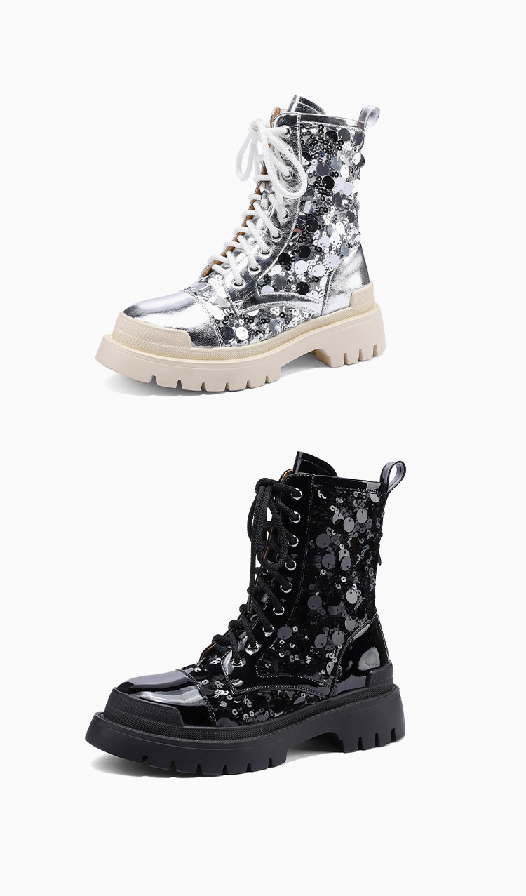 Boot nữ cổ thấp hở mũi dây buộc đế platform cao 5 cm màu bạc sequin — màu đen, bạc chi tiết 15