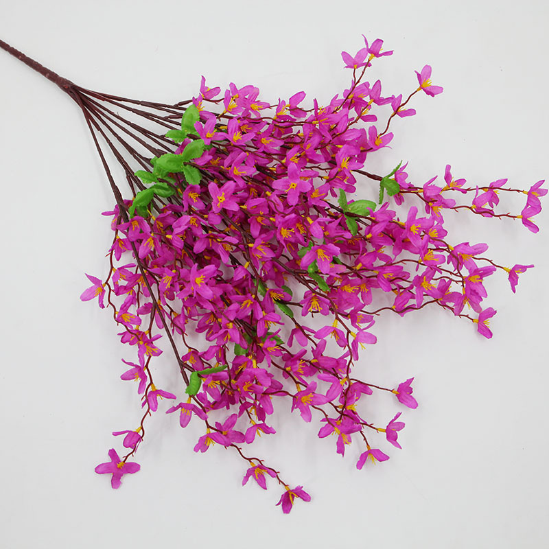 Flores artificiales, ramo de forsythia de 7 ramas para decoración de exteriores, arreglos florales, flores falsas para el hogar, flores de seda, flores al por mayor