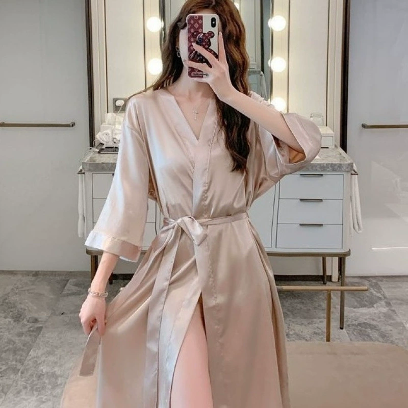 Silk sexy bathrobe, thin pijama, mid-length