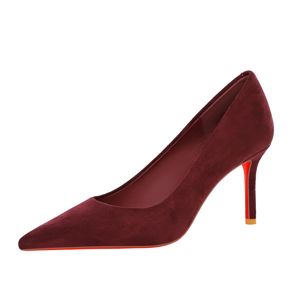 8353-A socialite banquet European and American style high heels, slim heels, pointed toes, shallow mouth, fashionable suede, one foot sole, women's shoes