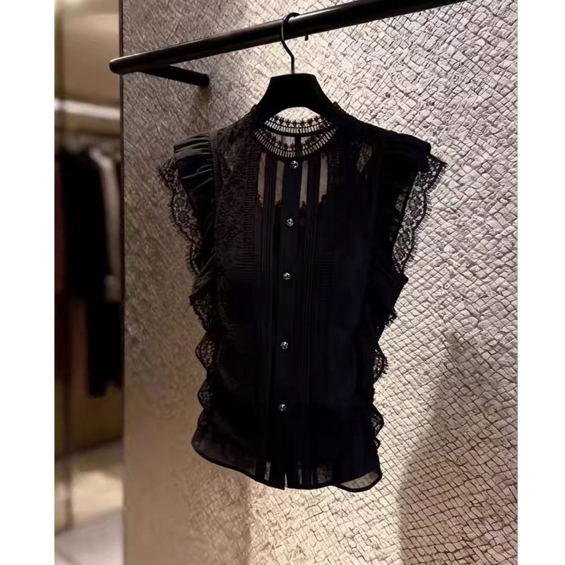 French-Style Black Lace Patchwork Blouse with Small Flutter Sleeves for Women, 2026 Summer New Design, Elegant and Mature Style Shirt