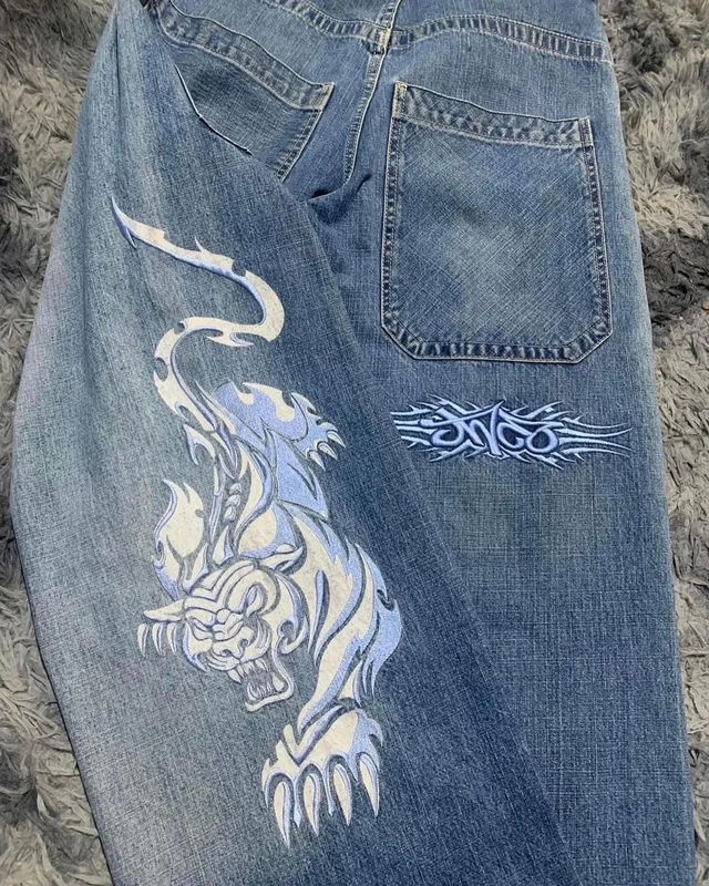 跨境电商JNCO Y2K宽松牛仔裤男士复古刺绣嘻哈街头原宿男士阔腿裤|undefined